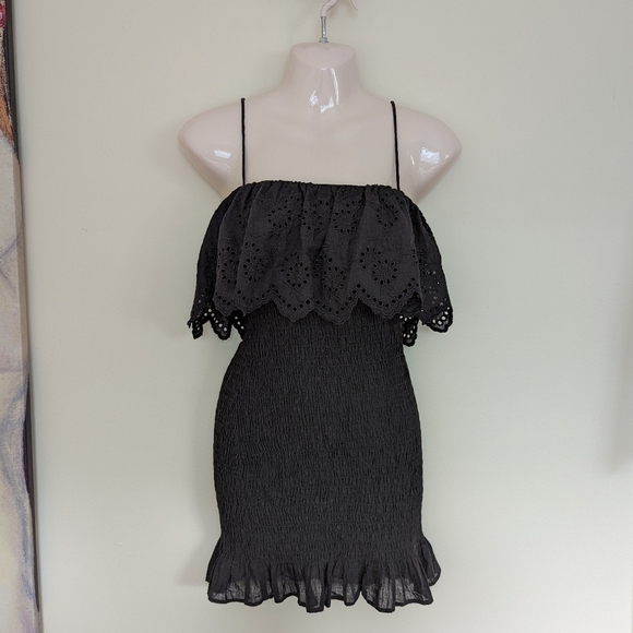 ZARA cotton embroidered smocked dress black xs - Picture 5 of 15